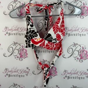 Bikini top flowers color block red black white orange Floral Halter Bikini Top